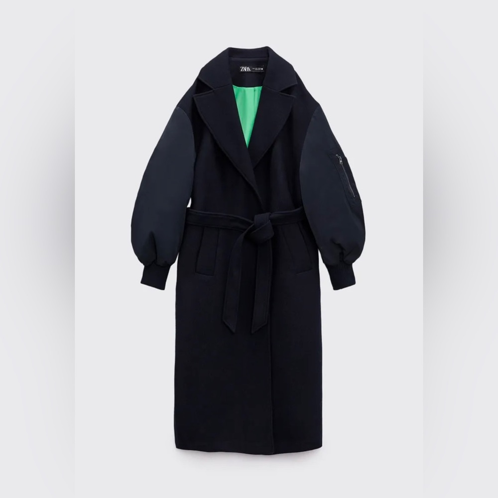 COPY - ZARA USED WOMAN LONG BELTED MATCHING BOMBER COAT NAVY BLUE SIZE MEDIUM L